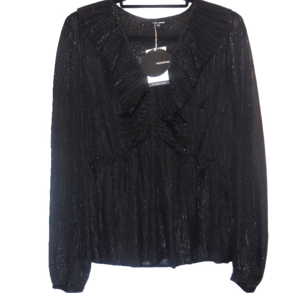 Blouse MEDIUM NWT Long Sleeve Sheer Chiffon Black Metallic see-through party top